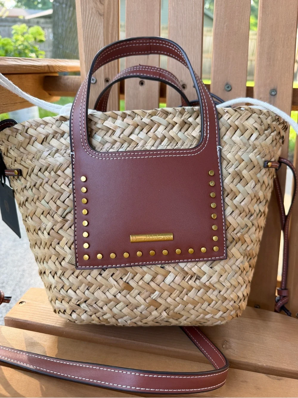 House of Harlow 1960 Woven Straw Basket Bag Brown Leather Studded Crossbody Tote